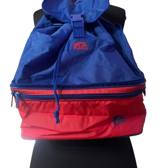 Vintage Igloo lunch bag convertible backpack crossbody insulated red blue - Picture 2 of 16
